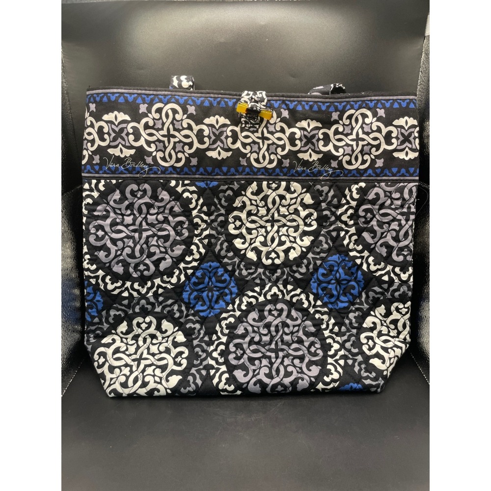 Vera Bradley Canterbury Cobalt Quilted Cotton Tote Bag Blue Black White NWT